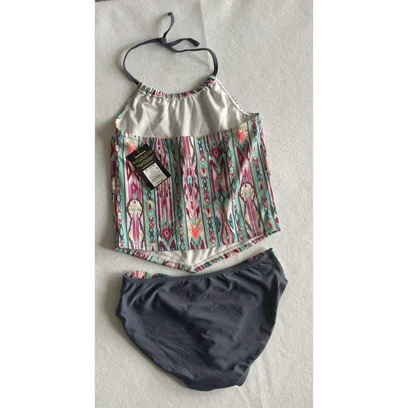 Art Class Girls' Two Piece Gray Teal Gold Stripe Tankini Top & Bottom XL 10/16 - Picture 5 of 7